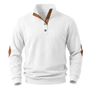 Men's white textured stand collar long sleeve shirt with brown patch details and quarter buttons.
