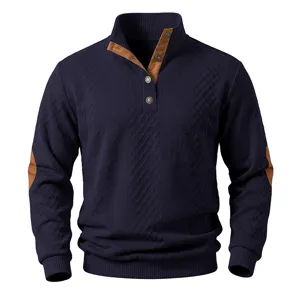 Men's mock neck long sleeve sweater textured jacquard fabric brown elbow patch detail