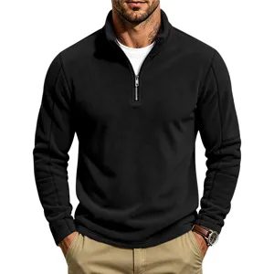 Men's black quarter zip fleece pullover detail, stand collar casual long sleeve shirt