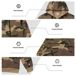 Detailed view of men's camo hooded sweatshirt highlighting zipper pockets and hood design.