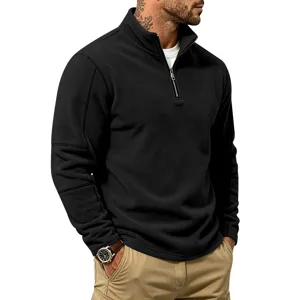 Men's casual stand collar half-zip fleece sweatshirt, comfortable autumn black pullover top.