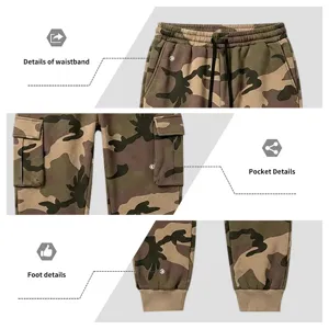 Detailed view of the camouflage cargo pants showcasing the waistband, pocket, and cuffs.