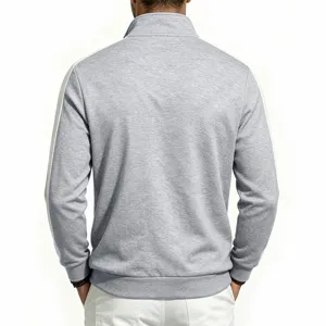 Back view detail of mens grey zip-up stand collar jacket with white sleeve contrast stripes.