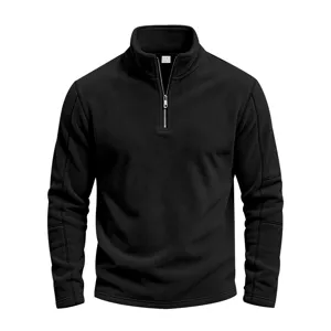 Men's black fleece half zip pullover sweatshirt with stand collar for casual daily wear