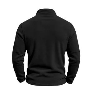 Back view detail of casual black fleece stand collar half zip jacket product shot