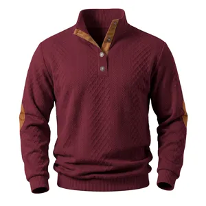 Textured knit stand collar men sweater with contrast elbow patches and quarter button placket