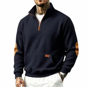 Men's vintage half-zip stand-collar quilted sweatshirt with contrast elbow patches detail.