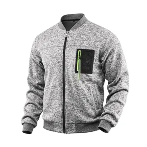 Men's grey knit bomber jacket casual outerwear with zipper pockets autumn winter