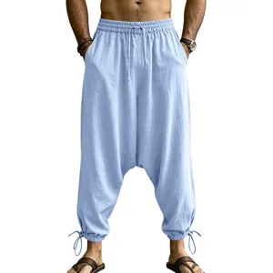 Men's casual linen harem pants baggy loose streetwear trousers with drawstring and side pockets