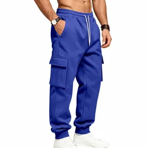 Pantaloni cargo felpa uomo blu royal con tasche multiple e coulisse in vita per inverno.