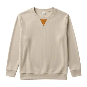 Solid beige ribbed crewneck sweatshirt featuring a brown V-shaped neck insert detail.