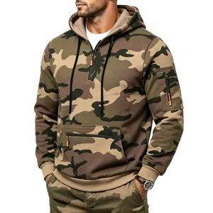 Men's tactical camo hoodie detail, fleece lined winter pullover with zipper pockets, warm outerwear.