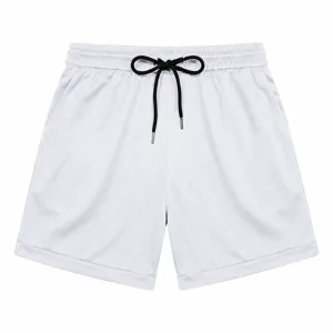 Men's white sports shorts detail, casual summer quick dry beach athletic wear with black drawstrings.