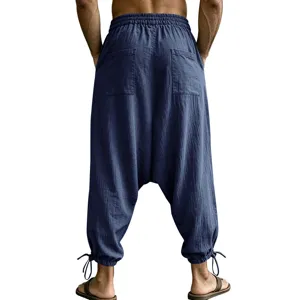 Men's casual linen harem pants with back pockets and elastic drawstring waist for summer.