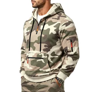 Mens tactical camouflage hoodie with half-zip design and multiple functional pockets.