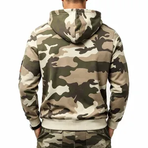 Men's camouflage hooded sweatshirt with multi-pockets fleece lined top for outdoor casual wear.