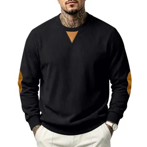 Men long sleeve ribbed knit sweater with contrast faux leather elbow and collar patch details.