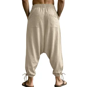 Men's casual linen harem pants with elastic drawstring waist and double back pockets for daily wear.