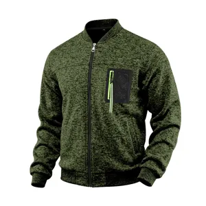 Detail view of men's knit bomber jacket featuring zip chest pocket and ribbed cuffs for fall.