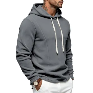 Heren effen grijze fleece hoodie, casual sweatshirt met lange mouwen en wit trekkoord.