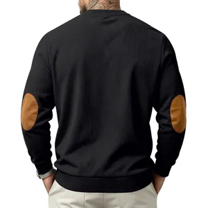 Detailed back view of men black ribbed crewneck sweatshirt featuring brown elbow patches.