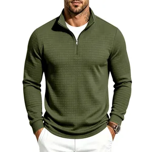 Top de manga larga para hombre con cuello alzado y media cremallera, tejido waffle, verde.