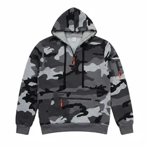 Men's grey camo fleece hoodie detail showcasing tactical multi-pocket design and 1/4 zip.