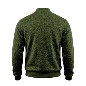 Men's green knit bomber jacket back view detail, casual autumn outerwear apparel item.