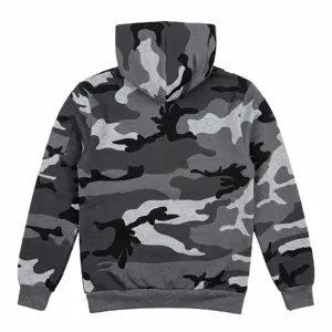 Detailed rear view of the grey camouflage hooded sweatshirt, showcasing the cozy hood and fabric.