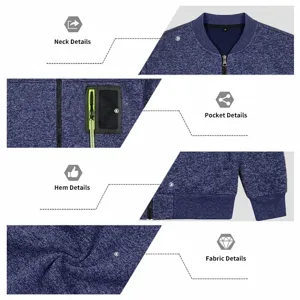Detailed shots of men's blue heathered knit bomber jacket neck, pocket, hem and fabric.