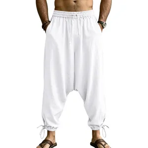 Men's white linen harem pants casual loose fit streetwear drawstring trousers with pockets.