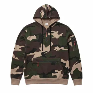 Men's European size camouflage fleece hooded sweatshirt with multi pockets detail view.