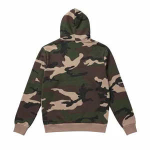 Detailed back view of men's camouflage hooded sweatshirt featuring fleece lining and multi-pocket.