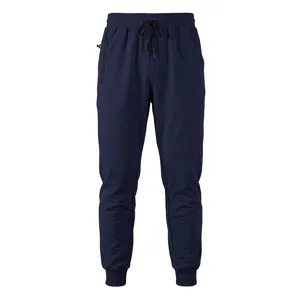 Pantaloni da jogging blu scuro da uomo, dettaglio con vita elastica e tasca laterale con zip.