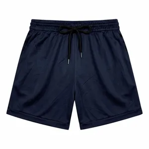 Close-up view of navy blue athletic shorts with adjustable black drawstring waist details.