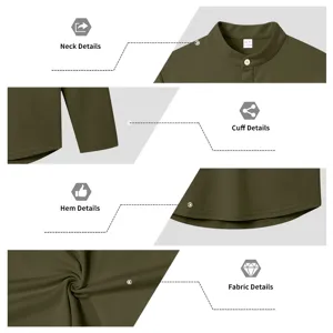 Details des olivgrünen Herren Langarm Henley Hemds mit Kragen, Bündchen und Stoff.