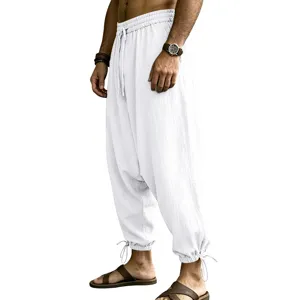 Men casual linen harem pants side pocket loose streetwear trousers drawstring cuffs detail view