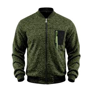 Men's green knit bomber jacket detail, featuring front zipper closure and secure chest pocket.