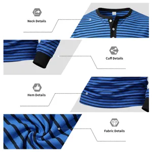 Chemise Henley à manches longues rayée bleu et noir pour homme avec patte de boutonnage.