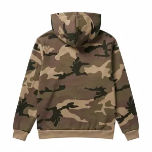 Detailed view of the camouflage hoodie back showing sleeve pocket and textured fabric.