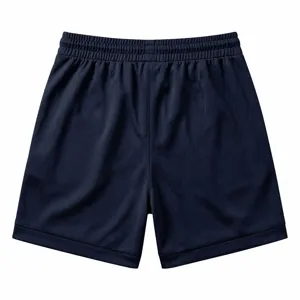 Detailed view of dark blue men's quick-dry mesh athletic shorts for sports and casual wear.