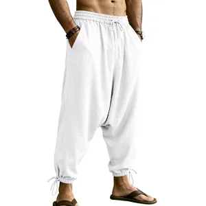 Men's casual linen harem pants with drawstring elastic waist and cuffed ankles for summer streetwear.
