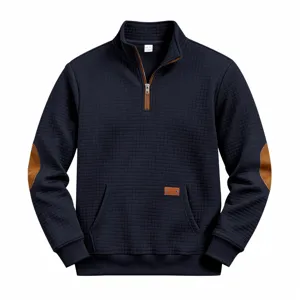 Men retro half zip mock neck waffle pullover sweatshirt with elbow patches casual autumn daily wear.