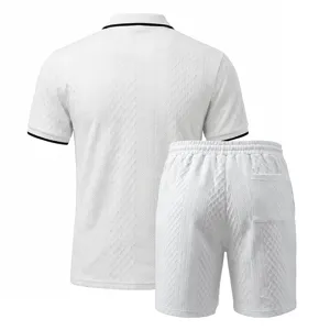 Detail view of back side of men's white jacquard knit polo shirt and shorts summer set.