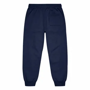 Gedetailleerd achteroverzicht van navy joggingbroek met achterzak en elastische boorden.