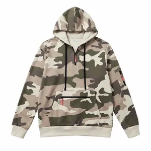 Detailed view of the camouflage hoodie featuring a half-zip design and functional zip pockets.
