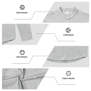 Graues Herren Langarm Henley Shirt Detailansicht mit Kragen Bündchen Saum und Stoffqualität.