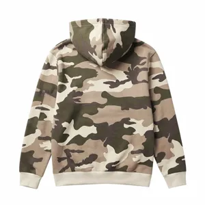 Detailed view of the men camo hoodie back, featuring hooded design and sleeve pocket.