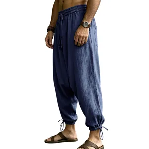 Mens Linen Casual Harem Pants Drop Crotch Drawstring Loose Joggers Trousers with Pockets