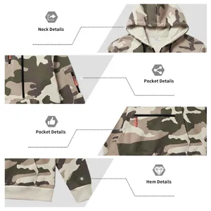 Men camo fleece hoodie detail view with tactical pockets, drawstring hood and ribbed hem.